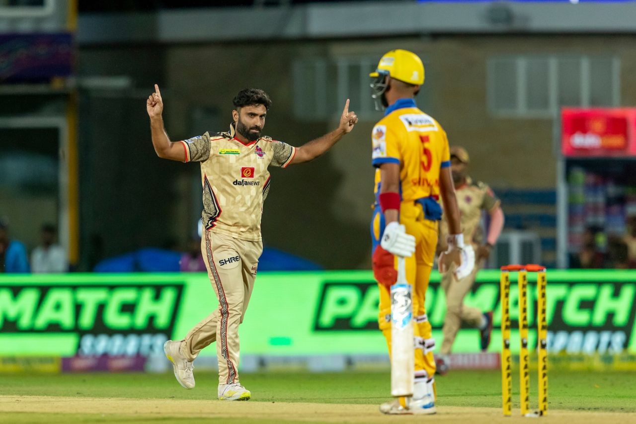 Abhishek Tanwar struck with his first ball to dismiss Shivam Singh, Chepauk Super Gillies vs Dindigul Dragons, TNPL 2024, Coimbatore, July 14, 2024