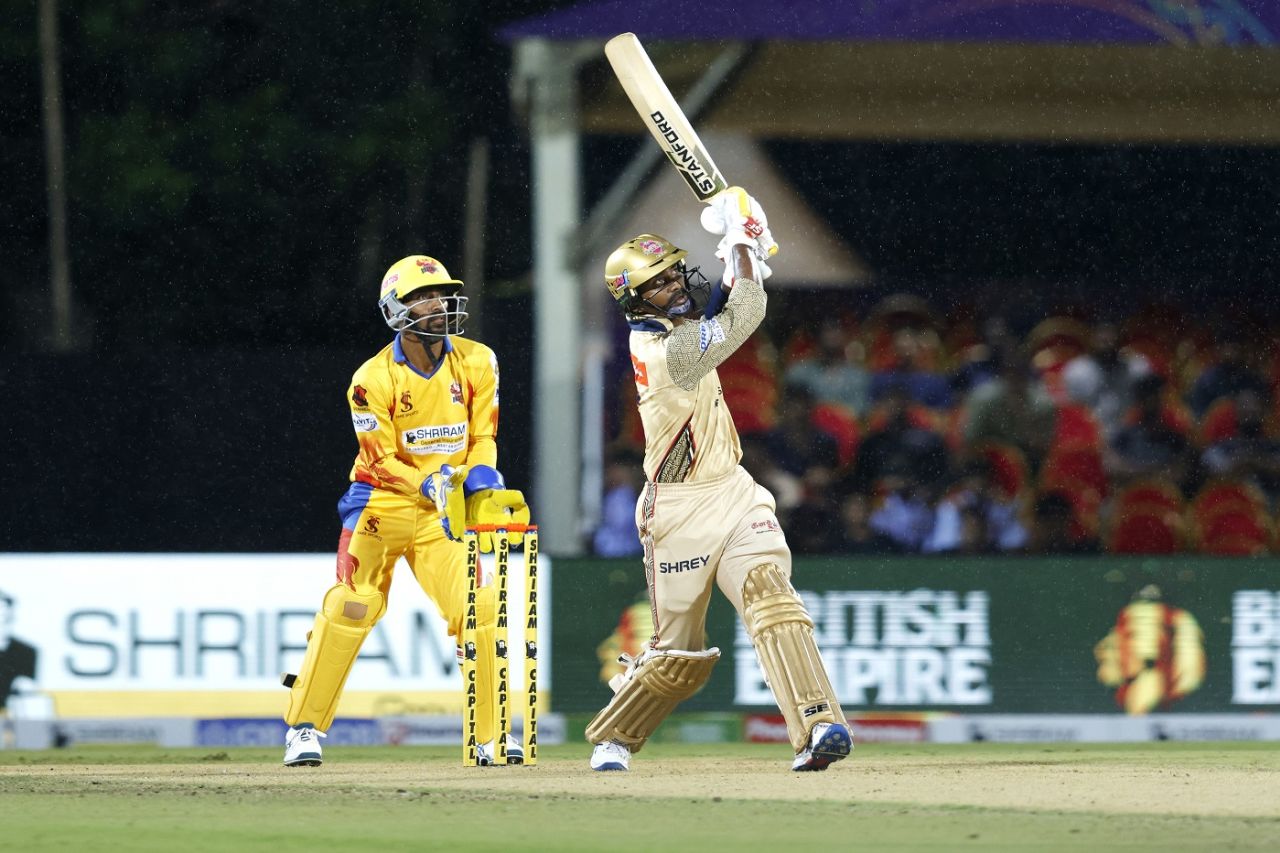 Twin brothers B Aparajith and B Indrajith in action at the TNPL, Chepauk Super Gillies vs Dindigul Dragons, TNPL 2024, Coimbatore, July 14, 2024