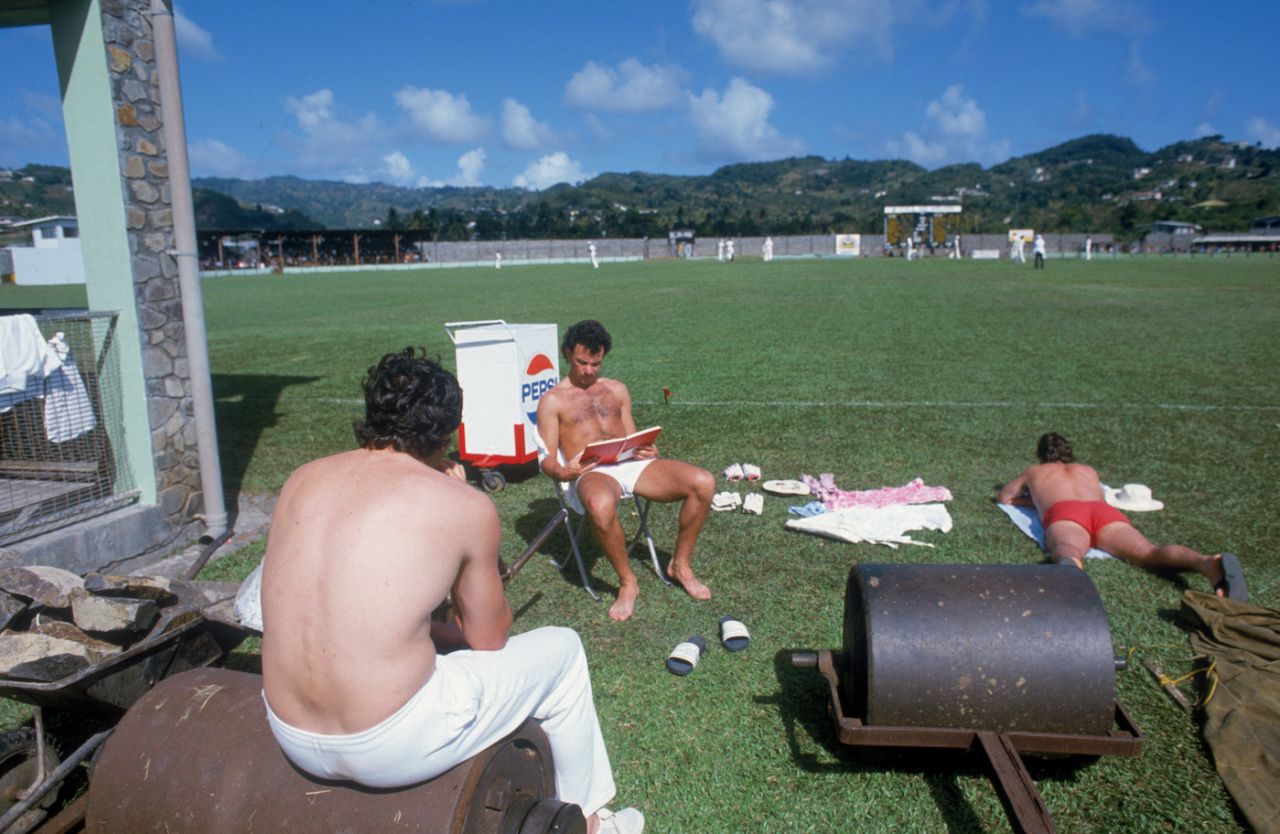The England team relax in the sun in St Vincent, 1986