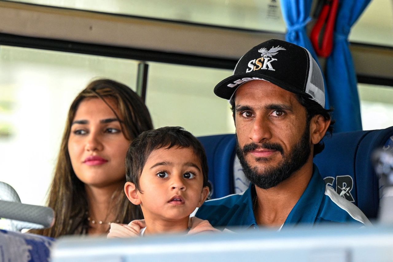 Hasan Ali with his wife and child at the airport in Colombo ahead of the Test series, Sri Lanka vs Pakistan, July 9, 2023