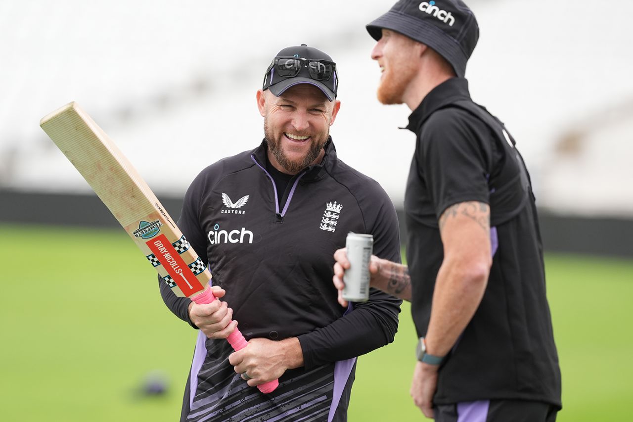Brendon McCullum and Ben Stokes share a joke, England vs West Indies training, Men's Test series, Trent Bridge, July 16, 2024