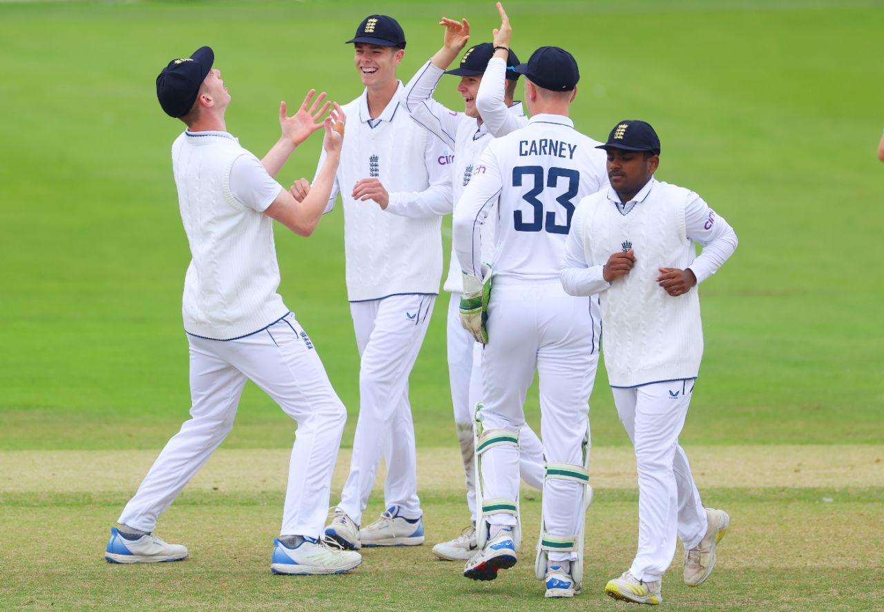 Rocky Flintoff celebrates with team-mates, including Archie Vaughan, after taking a high catch, England vs Sri Lanka, 2nd U19 Test, Cheltenham, July 16, 2024