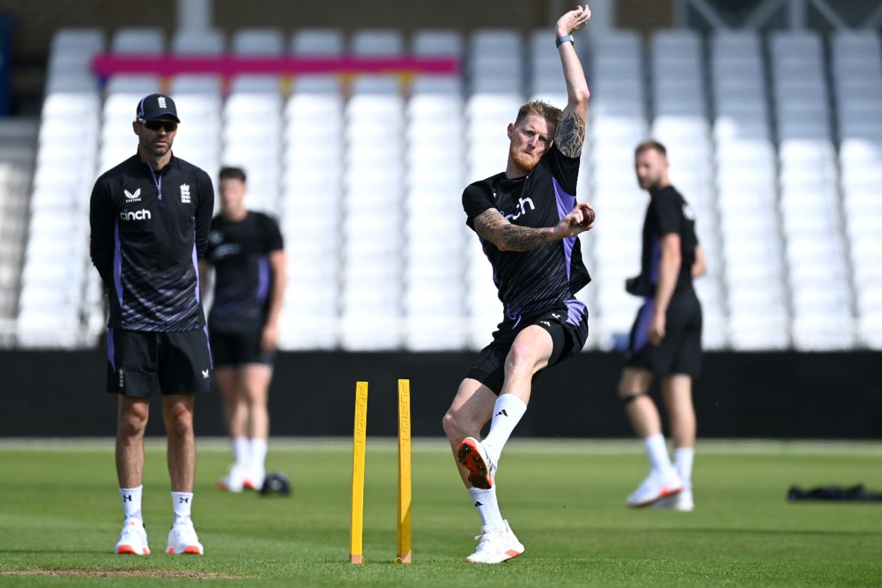 Ben Stokes bowls as James Anderson looks on, England vs West Indies training, Men's Test series, Trent Bridge, July 17, 2024