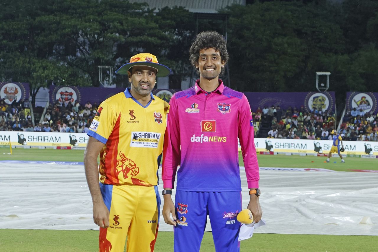 R Ashwin and R Sai Kishore are all smiles at the toss, Dindigul Dragons vs IDream Tiruppur Tamizhans, TNPL 2024, Coimbatore, July 17, 2024