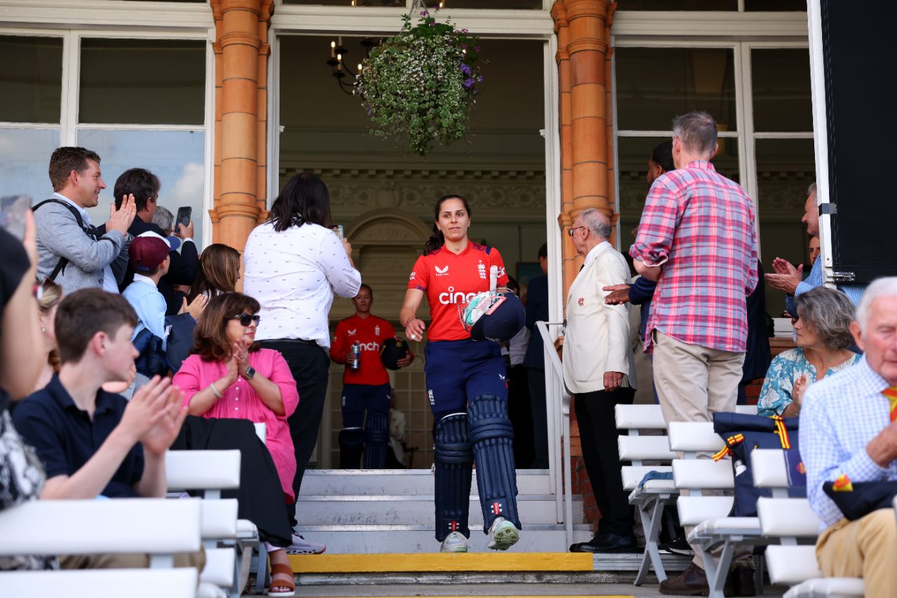 Maia Bouchier walks out of the Long Room to begin her innings, England vs New Zealand, 5th Women's T20I, Lord's, July 17, 2024