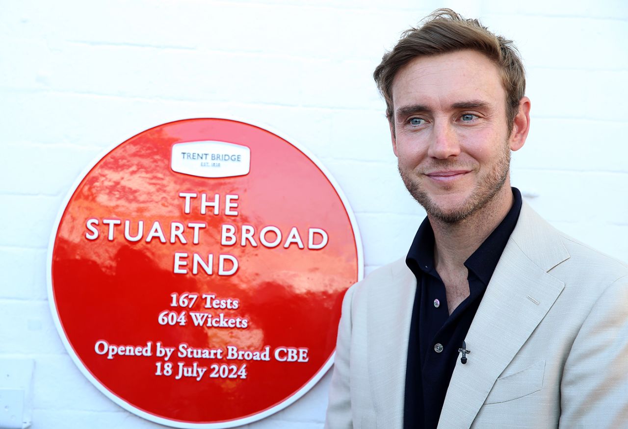 Stuart Broad poses with the end renamed in his honour, England vs West Indies, 2nd Men's Test, Trent Bridge, 1st day, July 18, 2024