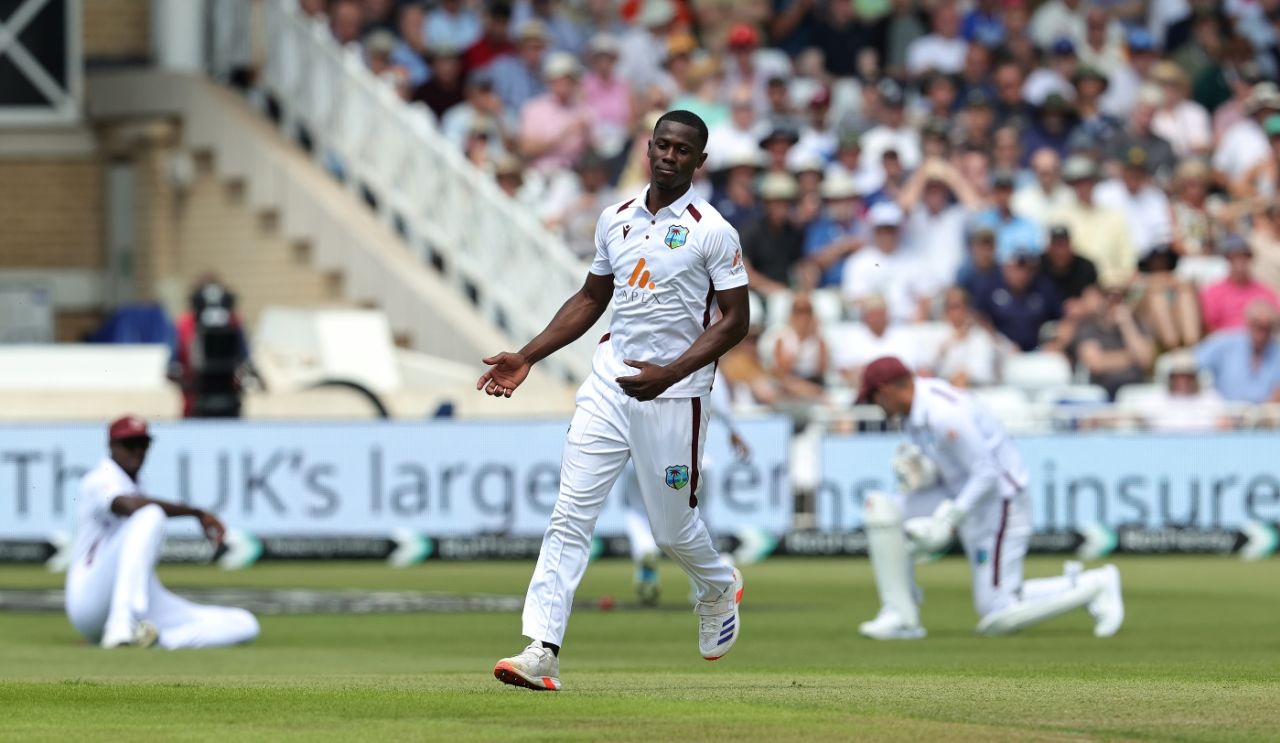 Shamar Joseph reacts to Jason Holder putting down Ollie Pope, England vs West Indies, 2nd Men's Test, Trent Bridge, 1st day, July 18, 2024
