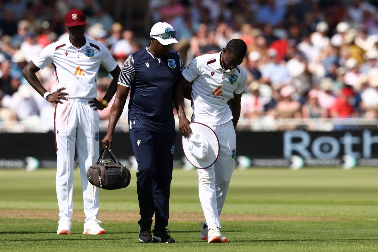 Shamar Joseph walks off the field mid-over with a hamstring injury, England vs West Indies, 2nd Men's Test, Trent Bridge, 1st day, July 18, 2024