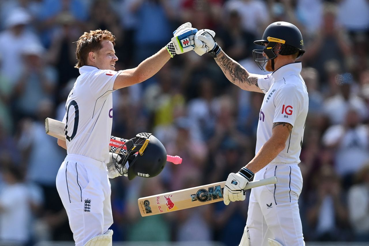 Ollie Pope celebrates his hundred with Ben Stokes, England vs West Indies, 2nd Men's Test, Trent Bridge, 1st day, July 18, 2024