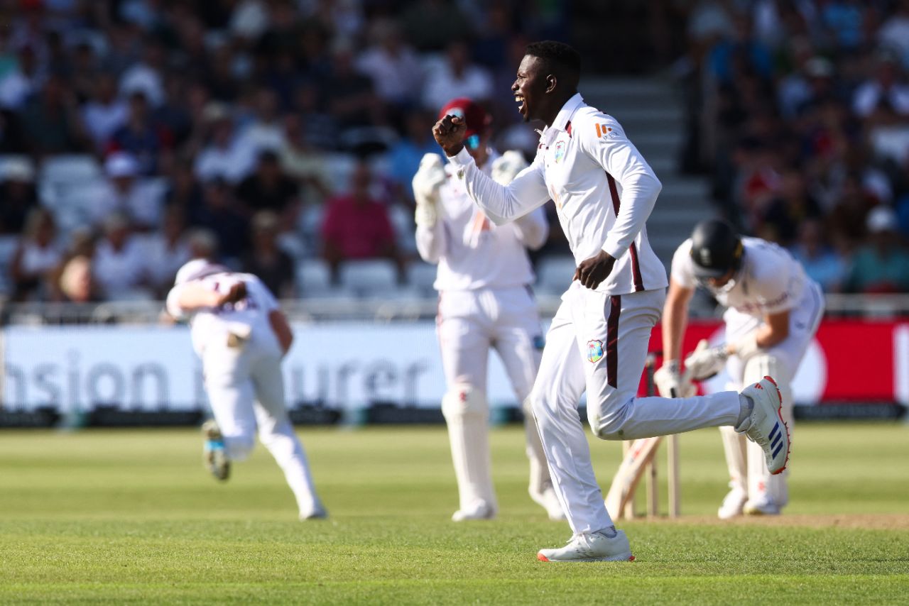 Kevin Sinclair is pumped up after removing Gus Atkinson, England vs West Indies, 2nd Men's Test, Trent Bridge, 1st day, July 18, 2024