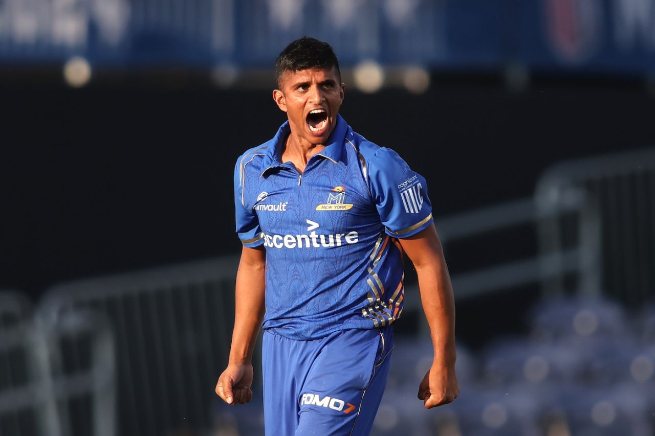 Nosthush Kenjige celebrates a wicket, MI New York vs San Francisco Unicorns, Major League Cricket (MLC), Dallas, July 18, 2024