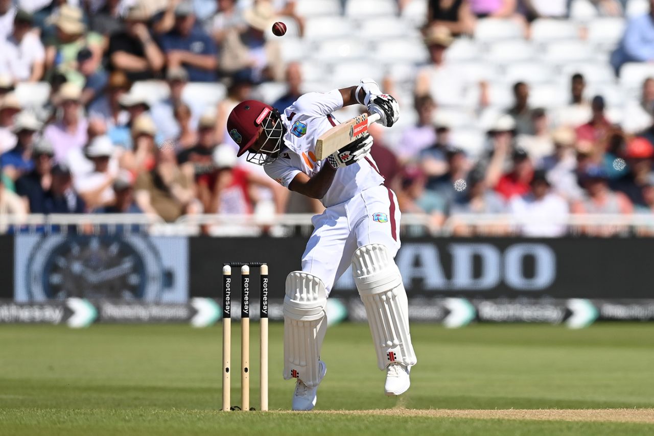 Kraigg Brathwaite gets out the way of a short ball, England vs West Indies, 2nd Men's Test, Trent Bridge, 2nd day, July 19, 2024