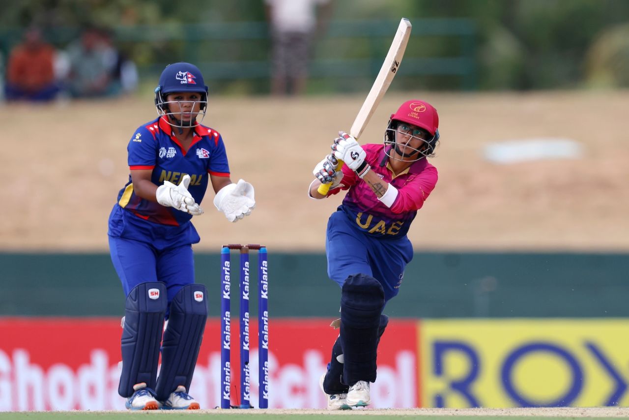 Heena Hotchandani goes over the leg-side infield, Nepal vs UAE, Women's Asia Cup 2024, Dambulla, July 19, 2024