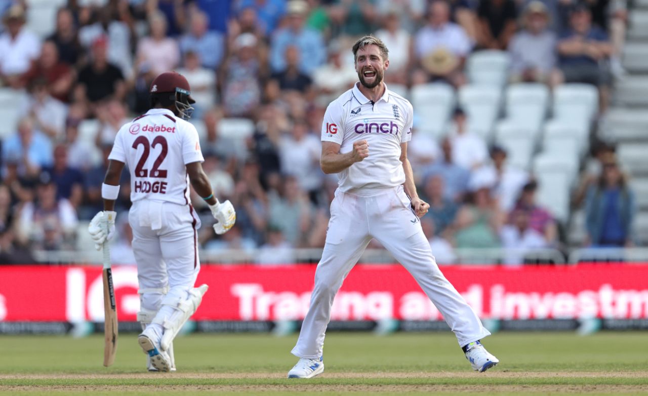 Kavem Hodge fell to Chris Woakes after a superb maiden hundred, England vs West Indies, 2nd Men's Test, Nottingham, 2nd day, July 19, 2024