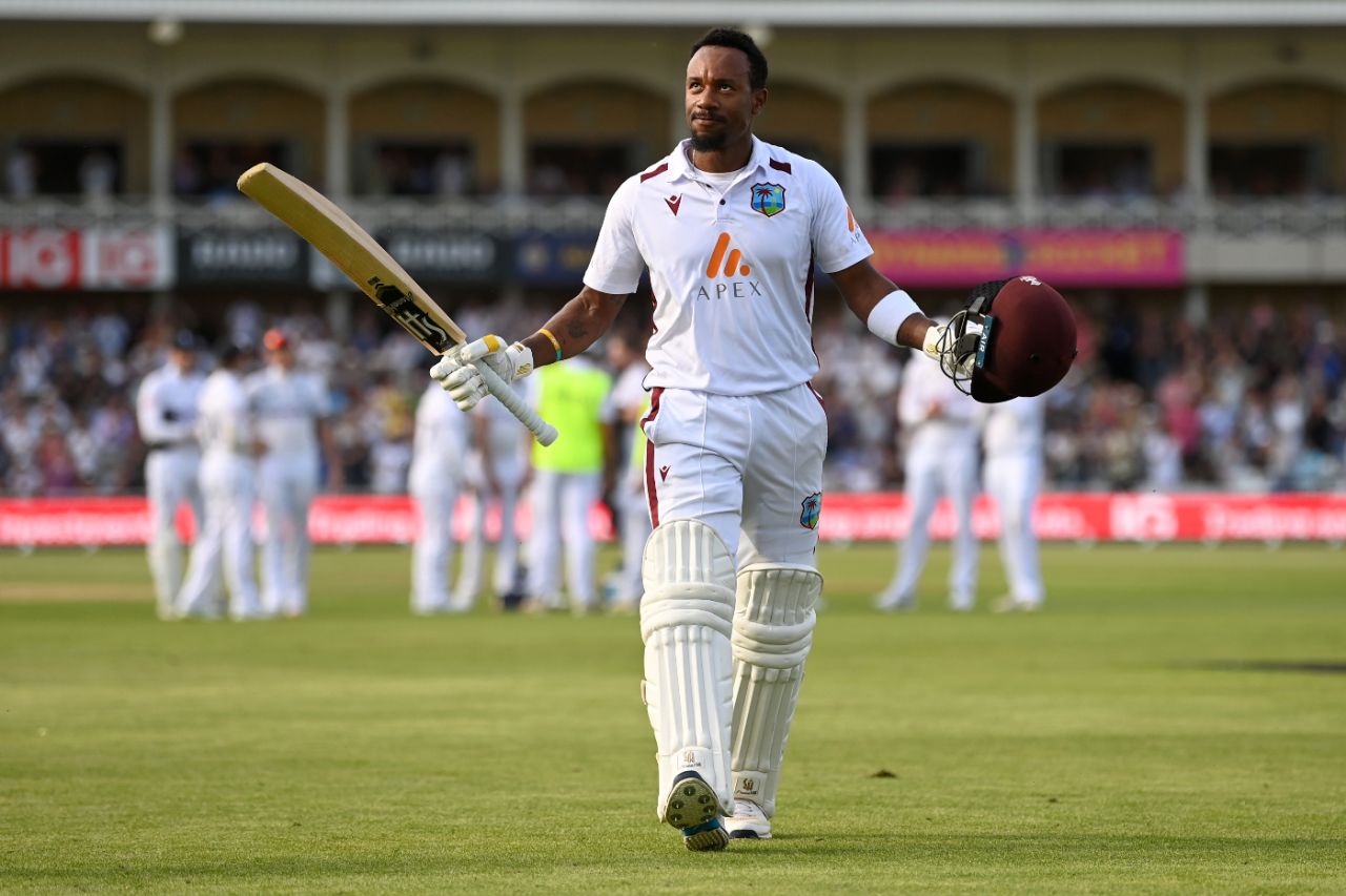 Kavem Hodge salutes the crowd after his maiden Test century, England vs West Indies, 2nd Men's Test, Nottingham, 2nd day, July 19, 2024
