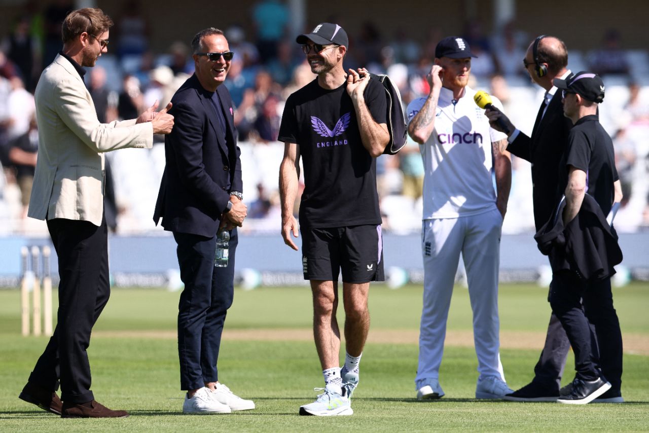 James Anderson and Stuart Broad chat in their non-playing capacity as Ben Stokes talks at the toss, England vs West Indies, 2nd Men's Test, Trent Bridge, 1st day, July 18, 2024