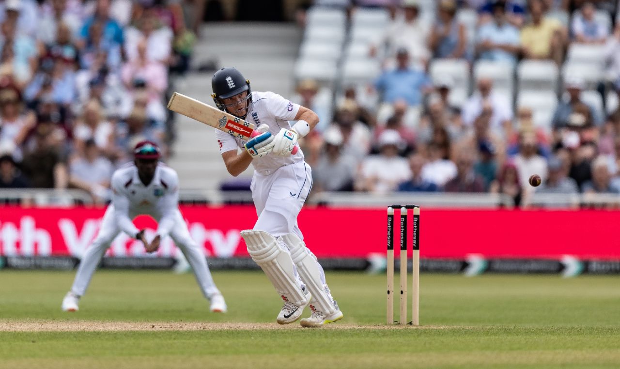 Ollie Pope clips the ball through the leg-side during his brisk start, England vs West Indies, 2nd Men's Test, Nottingham, 3rd day, July 20, 2024