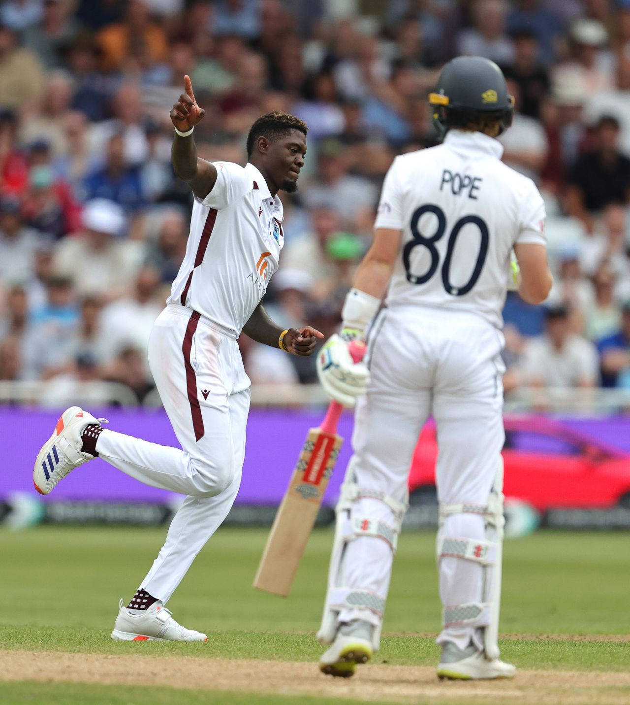 Ollie Pope fell to Alzarri Joseph for 51, England vs West Indies, 2nd Men's Test, Nottingham, 3rd day, July 20, 2024
