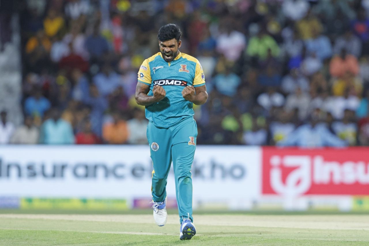 Antony Dhas is pumped after taking a wicket, Nellai Royal Kings vs Trichy Grand Cholas, TNPL 2024, Tirunelveli, July 20, 2024