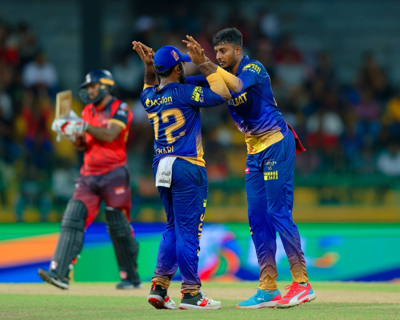 Vijayakanth Viyaskanth celebrates a wicket with his captain Charith Asalanka, Jaffna Kings vs Kandy Falcons, LPL 2024, Qualifier 2, Colombo, July 20, 2024
