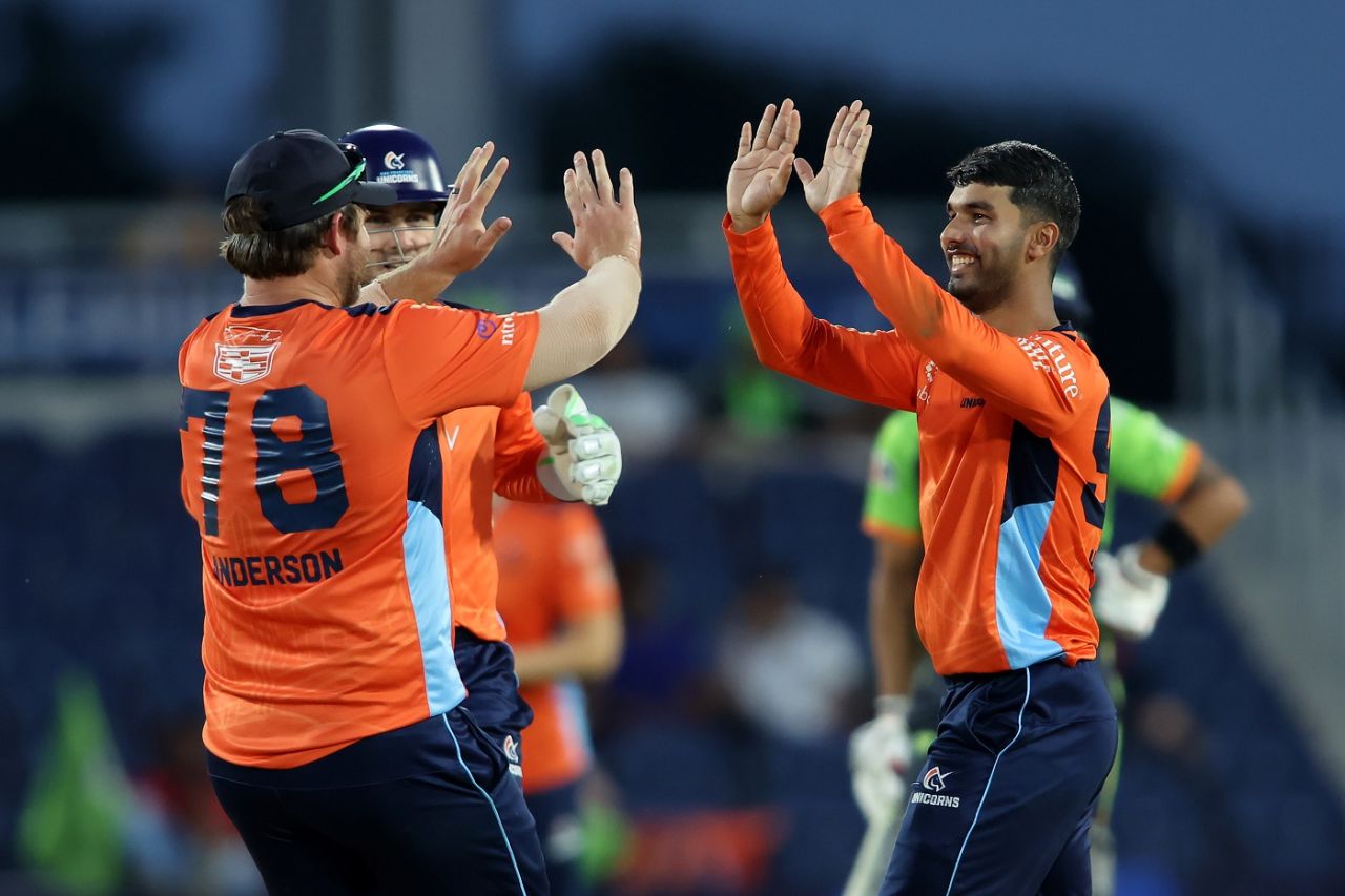 Hassan Khan returned figures of 3 for 5 from his two overs, San Francisco Unicorns vs Seattle Orcas, Major League Cricket, Dallas, July 20, 2024