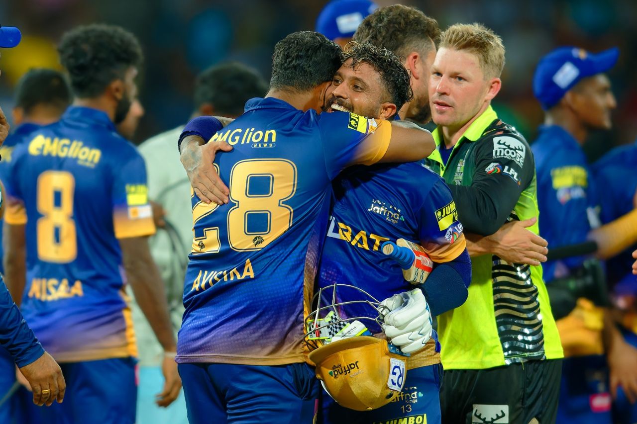 Kusal Mendis gets a hug from Avishka Fernando, Galle Marvels vs Jaffna Kings, LPL 2024, final, July 21, 2024