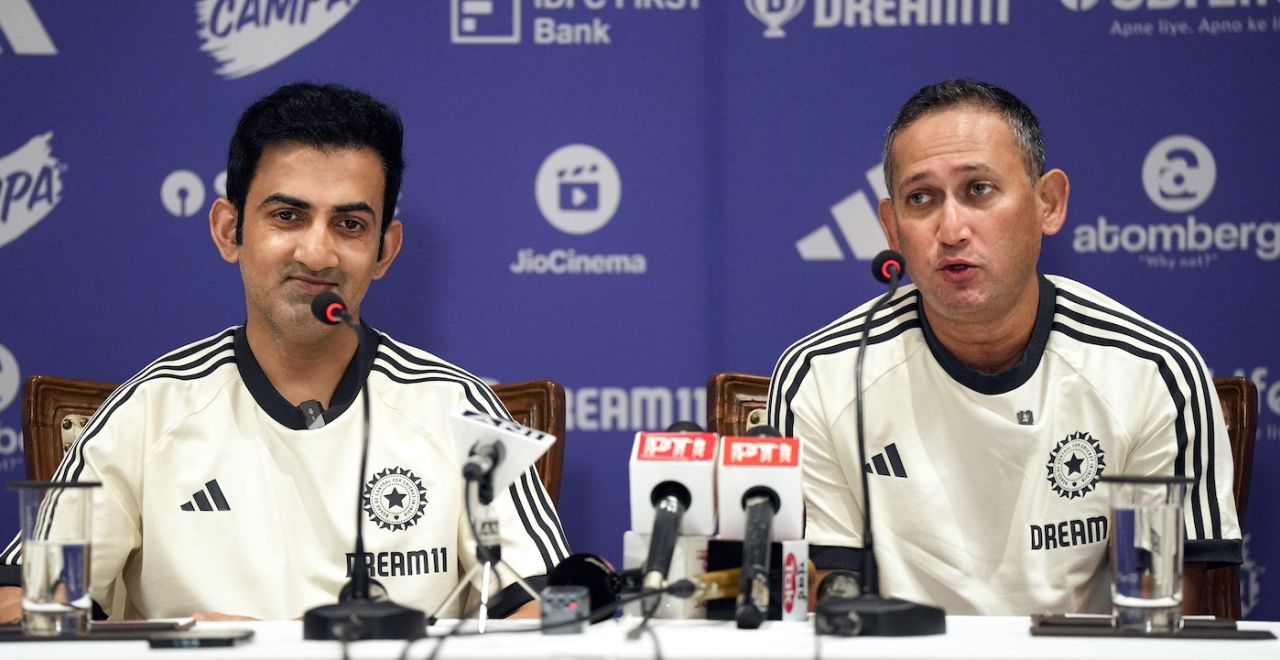 Gautam Gambhir flashes a smile as Ajit Agarkar responds to a question, Mumbai, July 22, 2024