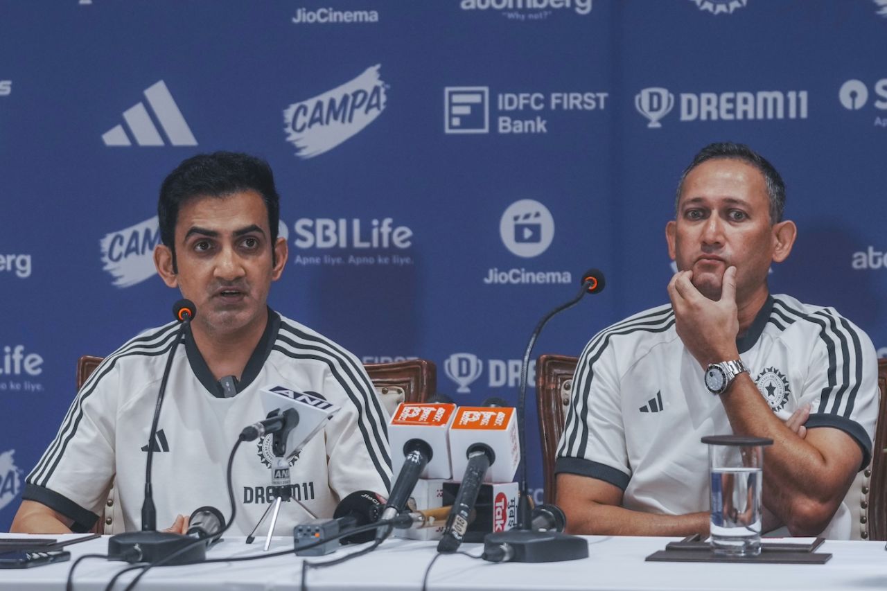 Ajit Agarkar looks on as Gautam Gambhir makes a point, Mumbai, July 22, 2024