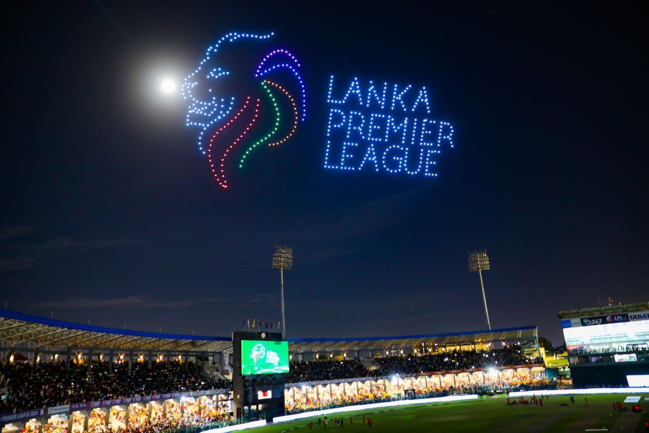 Drones form the Lanka Premier League (LPL) logo at the LPL final, Galle Marvels vs Jaffna Kings, LPL 2024, final, July 21, 2024
