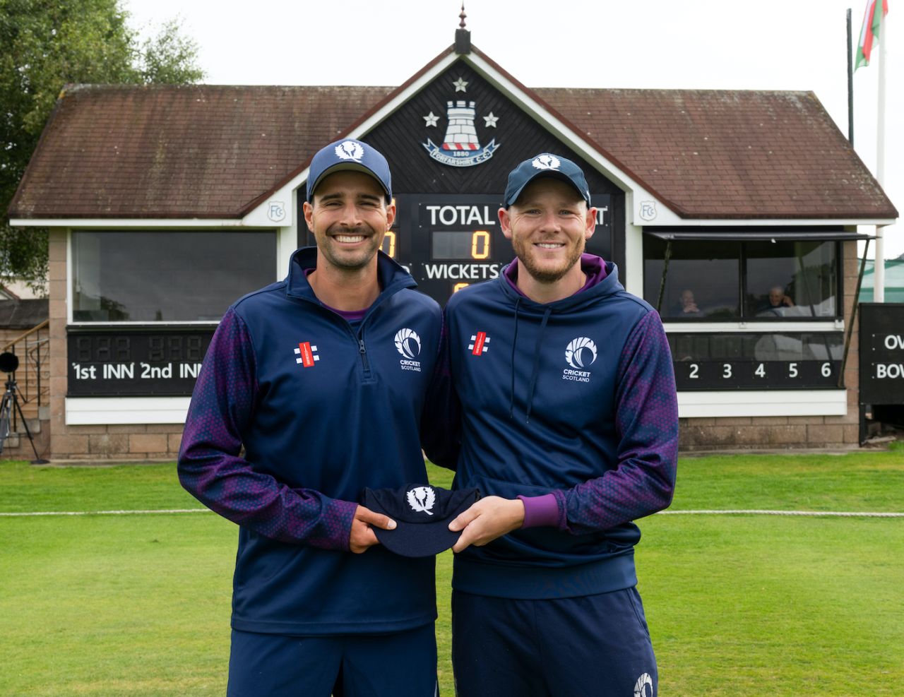 Charlie Cassell received his maiden cap from Michael Leask, Scotland vs Oman, Cricket World Cup League 2, Dundee, July 22, 2024