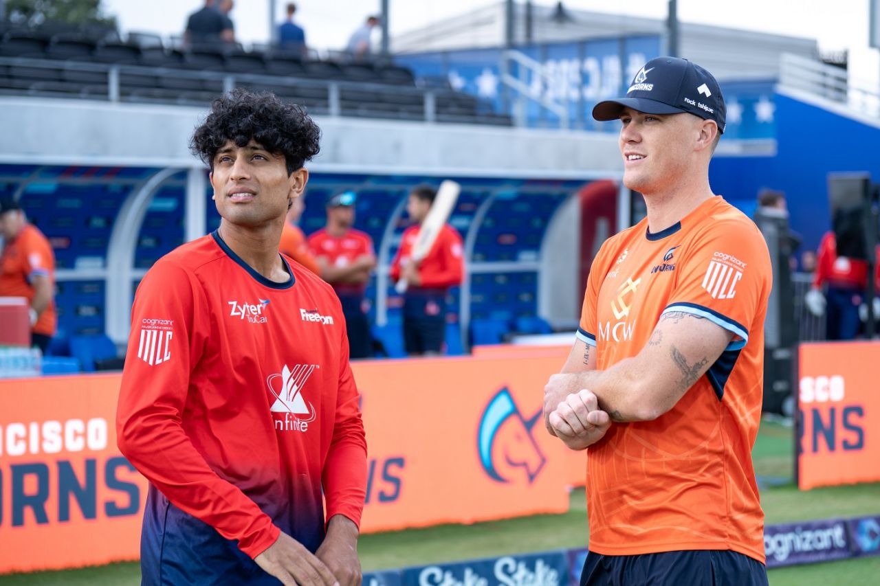 Rachin Ravindra catches up with Finn Allen at the MLC, San Francisco Unicorns vs Washington Freedom, MLC 2024, Dallas, July 22, 2024