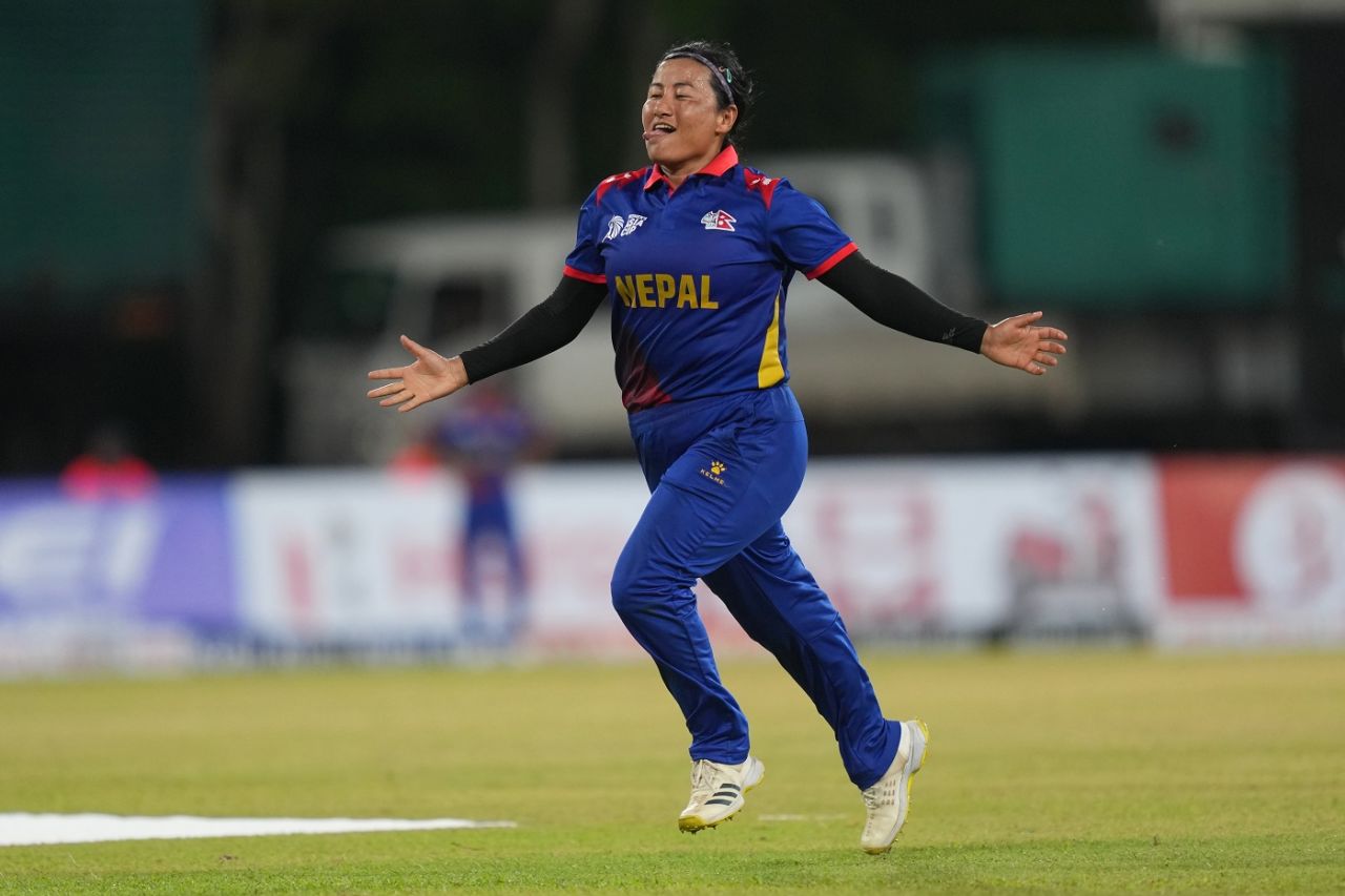 Sita Rana Magar is off in celebration after breaking through, India vs Nepal, Women's Asia Cup 2024, Dambulla, July 23, 2024