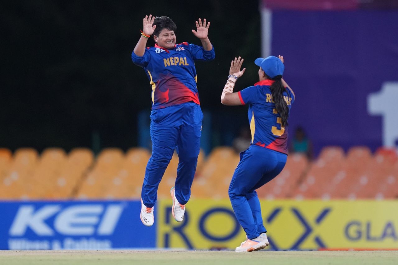 Kabita Joshi celebrates dismissing S Sajana, India vs Nepal, Women's Asia Cup 2024, Dambulla, July 23, 2024
