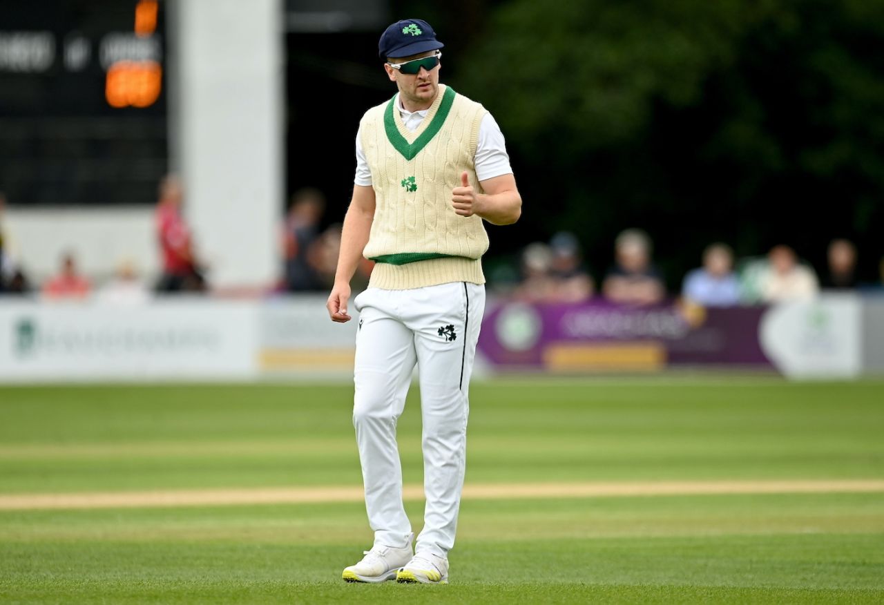 Barry McCarthy gives a thumbs up, Ireland vs Zimbabwe, Only Test, Belfast, 1st Day, July 25, 2024