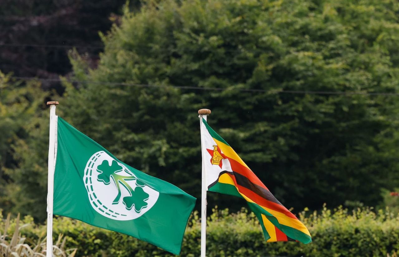 Ireland and Zimbabwe's flags at the first ever Test in Northern Ireland, Ireland vs Zimbabwe, Only Test, Belfast, 1st Day, July 25, 2024
