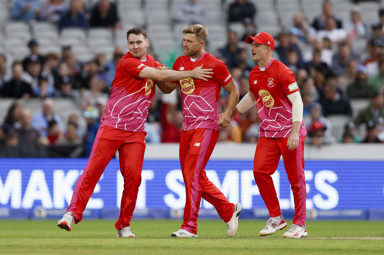 David Willey made the early incisions for Welsh Fire, Manchester Originals vs Welsh Fire, Men's Hundred, Old Trafford, July 25, 2024