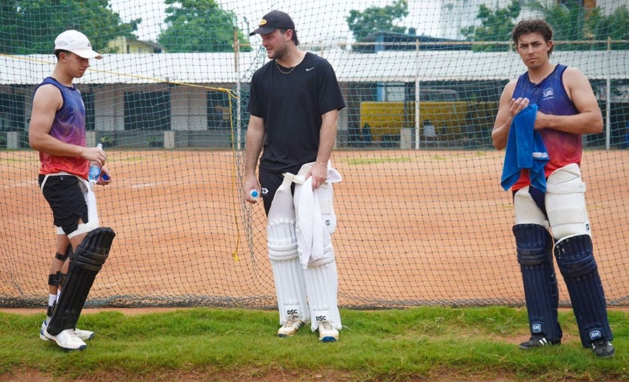 [L to R] Wellington boys Will Greenwood, Jesse Tashkoff and Nick Greenwood train at the Super Kings Academy in Chennai, Chennai, July 25, 2024