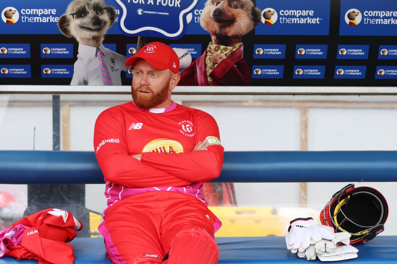 Jonny Bairstow in the Welsh Fire dug-out during their win against Manchester Originals, Manchester Originals vs Welsh Fire, Men's Hundred, Old Trafford, July 25, 2024