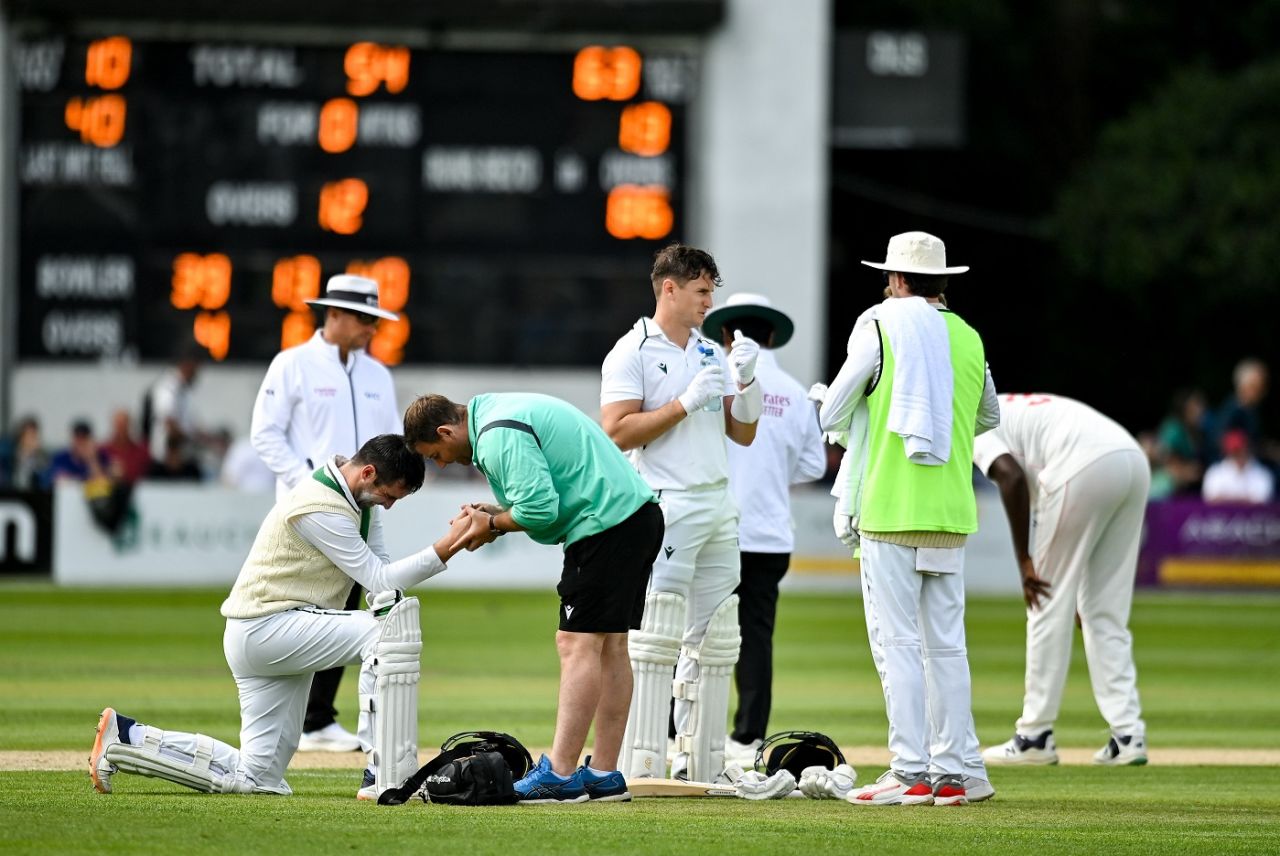 Andrew Balbirnie took a glove to his hand and survived a dropped chance after Blessing Muzarabani rapped him with a short ball, Ireland vs Zimbabwe, Only Test, Belfast, day two, July 26, 2024