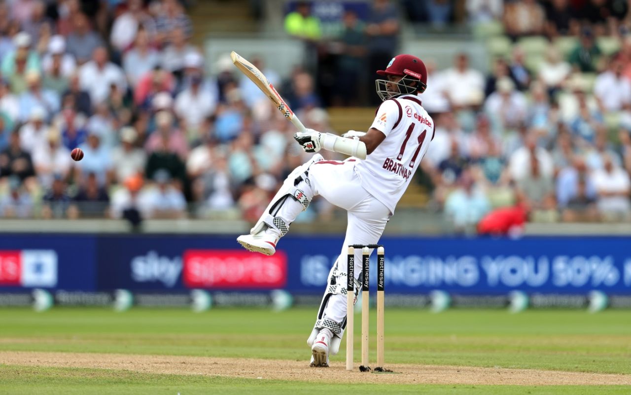 Kraigg Brathwaite survived a few testing moments against the short ball, England vs West Indies, 3rd Test, Edgbaston, Birmingham, 1st day, July 26, 2024