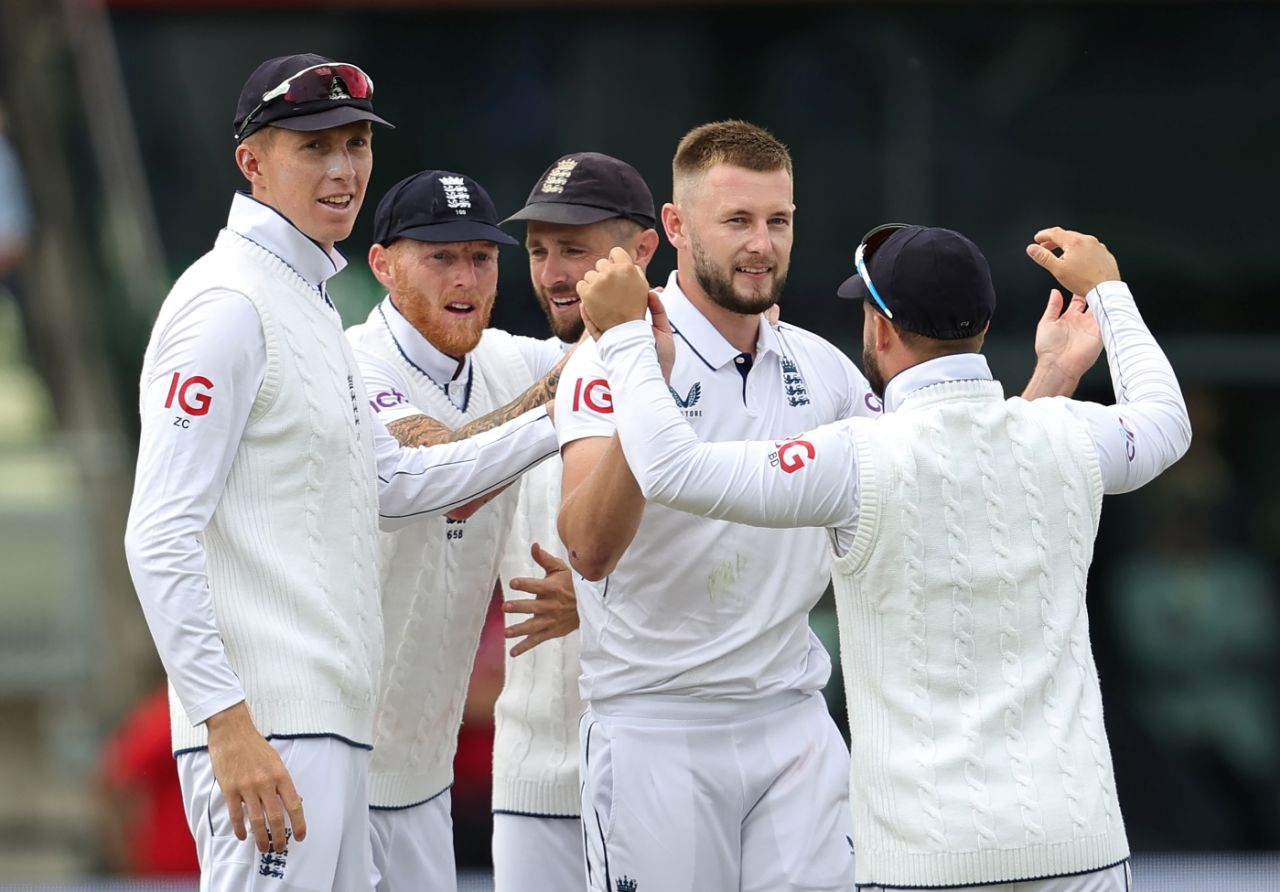 Zak Crawley, Ben Stokes, Chris Woakes and Ben Duckett congratulate Gus Atkinson for taking the wicket of Mikyle Louis, England vs West Indies, 3rd Test, Edgbaston, Birmingham, 1st day, July 26, 2024