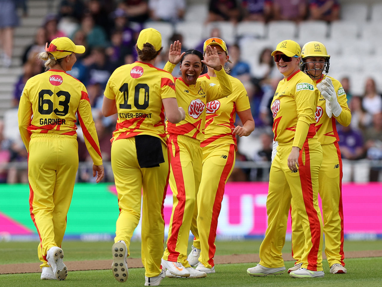 Alana King celebrates after taking a wicket with her first ball, Northern Superchargers vs Trent Rockets, The Hundred (Women's), Headingley, July 26, 2024