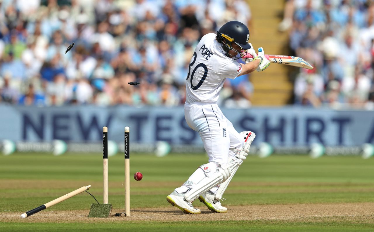 Shamar Joseph made a mess of Ollie Pope's stumps, England vs West Indies, 3rd Men's Test, Edgbaston, 2nd day, July 27, 2024