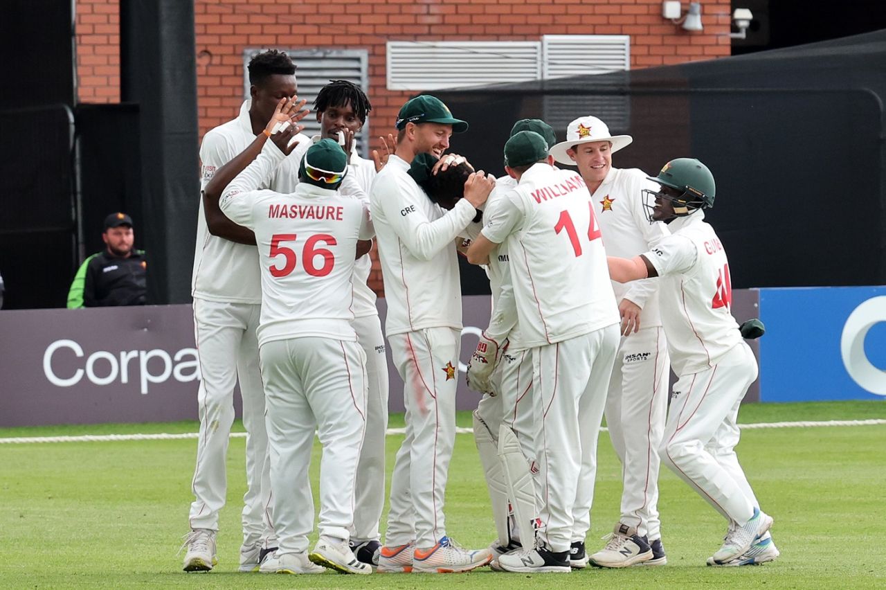 Zimbabwe come together to celebrate a wicket, Ireland vs Zimbabwe, Only Test, Belfast, 3rd day, July 27, 2024
