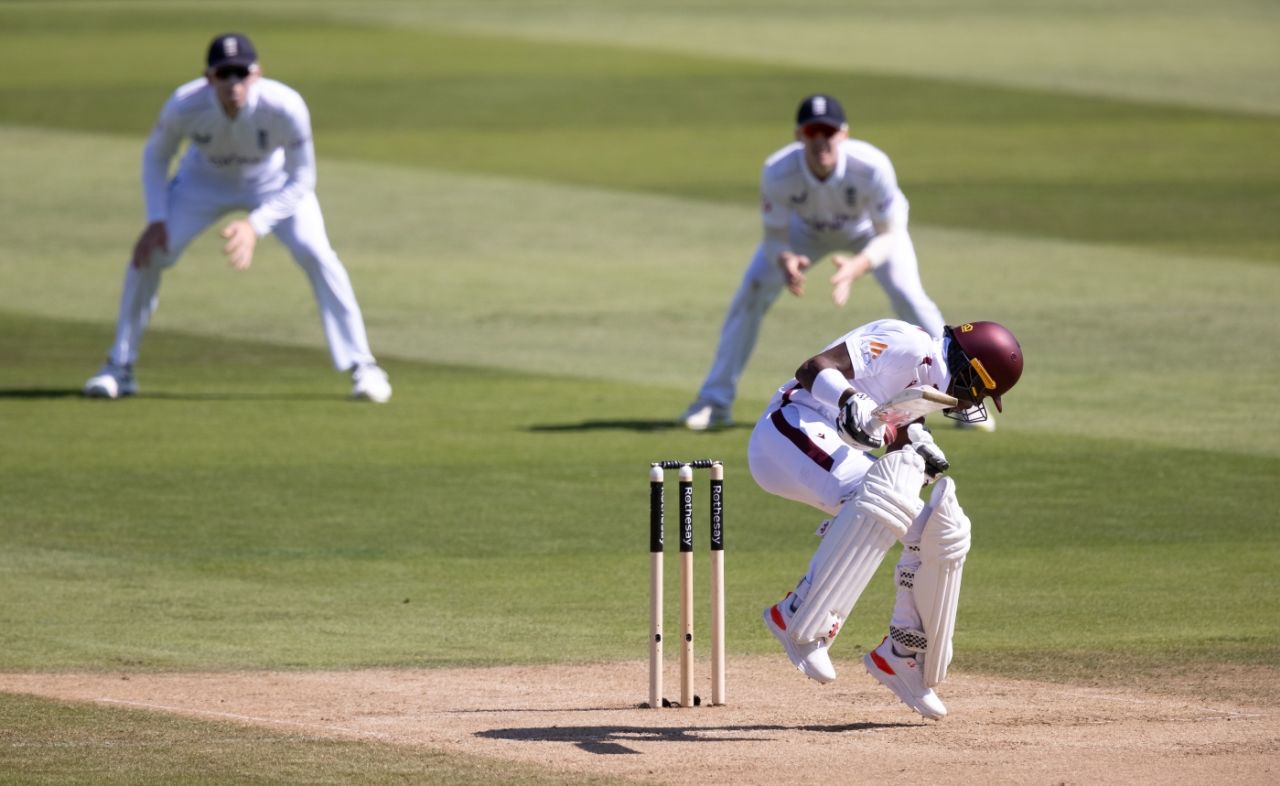 Alick Athanaze took a blow to his right shoulder from a Mark Wood bouncer, England vs West Indies, 3rd Test, 3rd day, Edgbaston, Birmingham, July 28, 2024