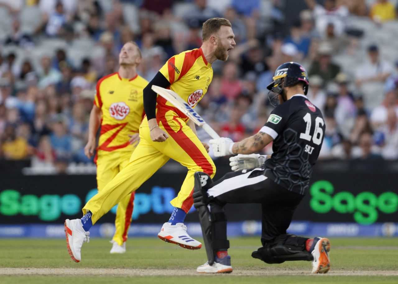 Sam Cook struck twice in his first set, Manchester Originals vs Trent Rockets, Men's Hundred, Old Trafford, July 29, 2024