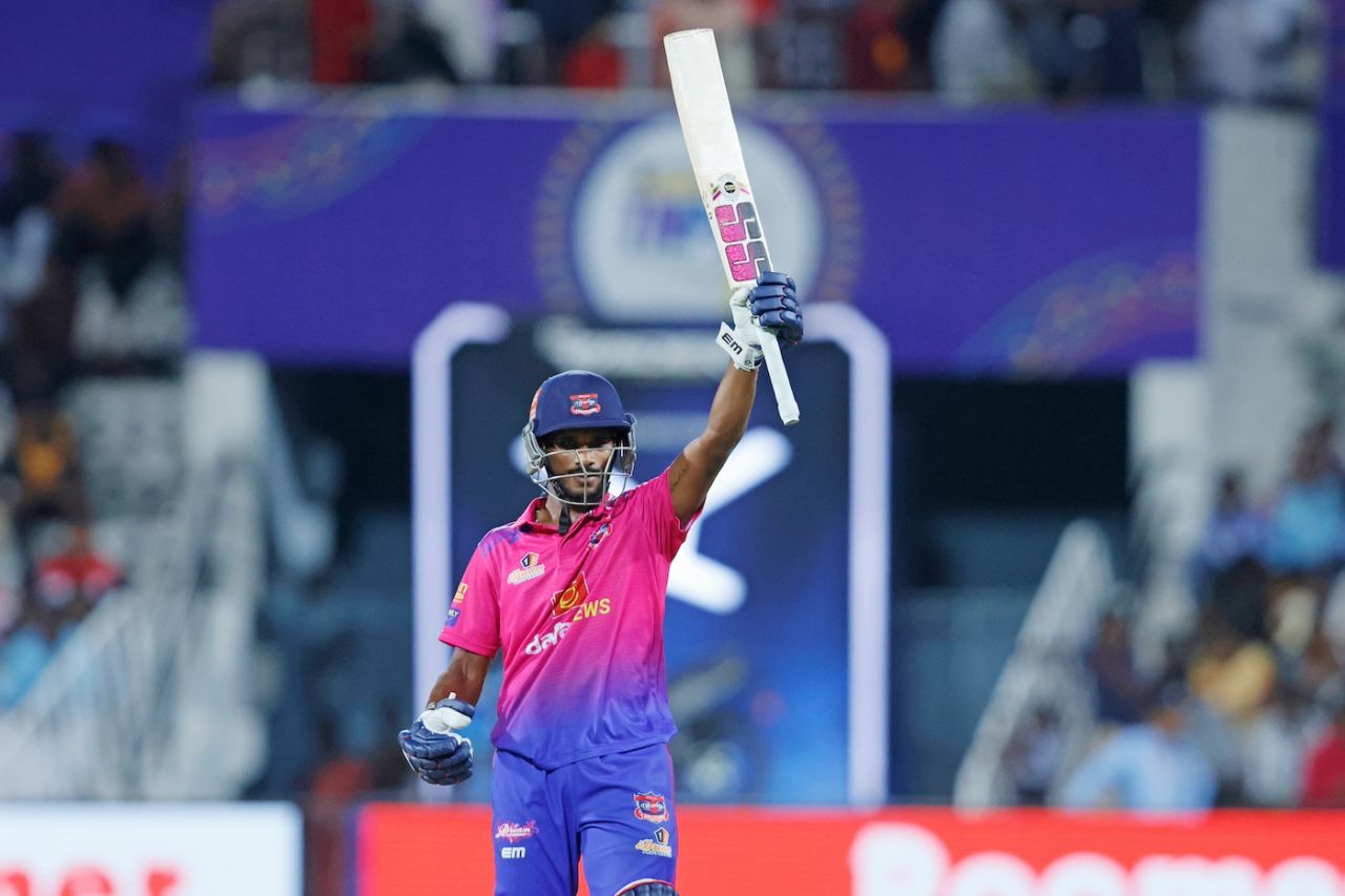 Amit Sathvik celebrates after bringing up his half-century, IDream Tiruppur Tamizhans vs SKM Salem Spartans, TNPL, Tirunelveli, July 21, 2024