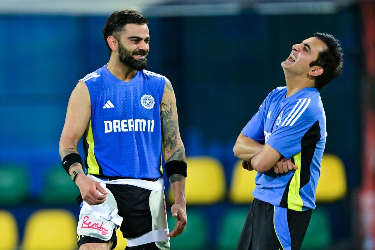 Virat Kohli and Gautam Gambhir share a light moment during training, Colombo, July 31, 2024