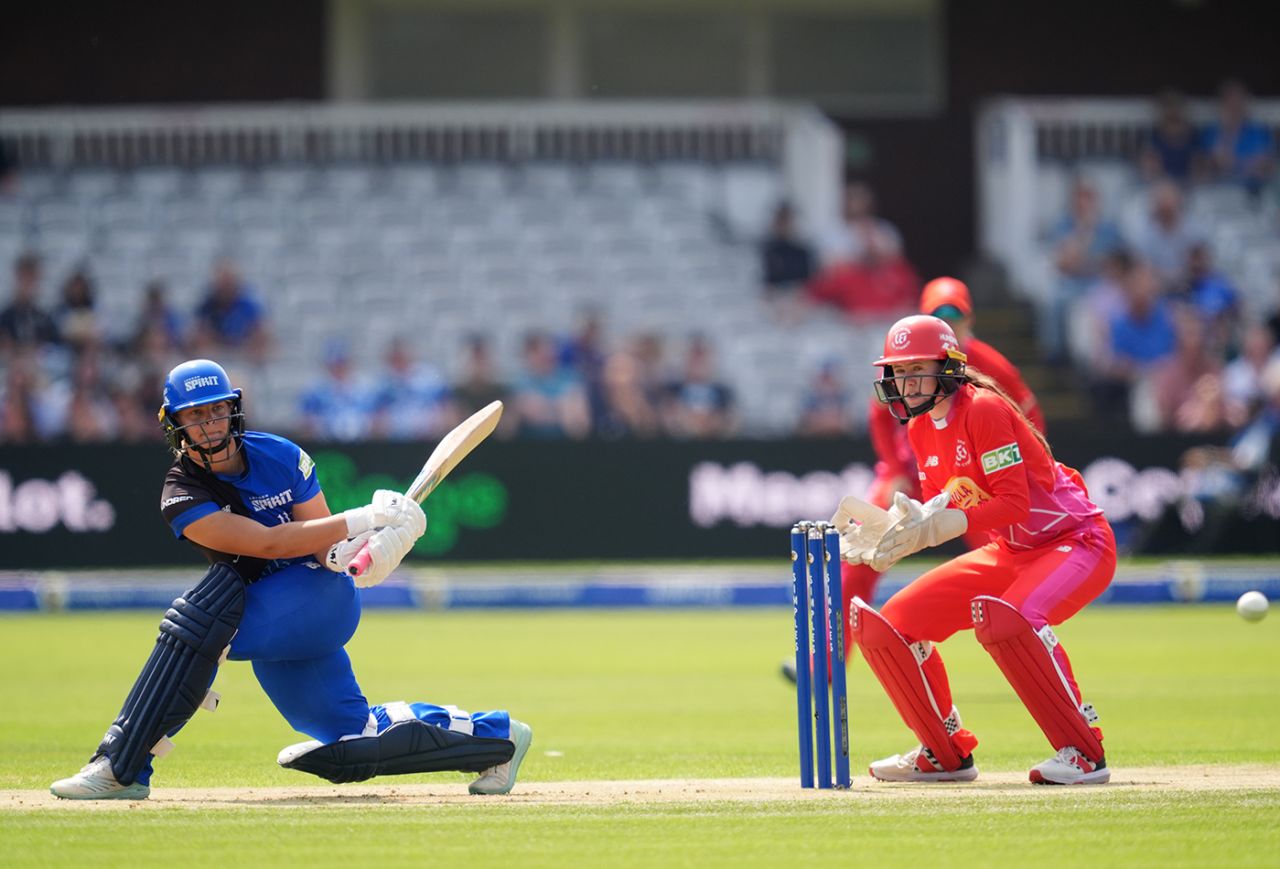 Danielle Gibson sweeps during her 41 off 25, London Spirit vs Welsh Fire, Women's Hundred, Lord's, August 1, 2024