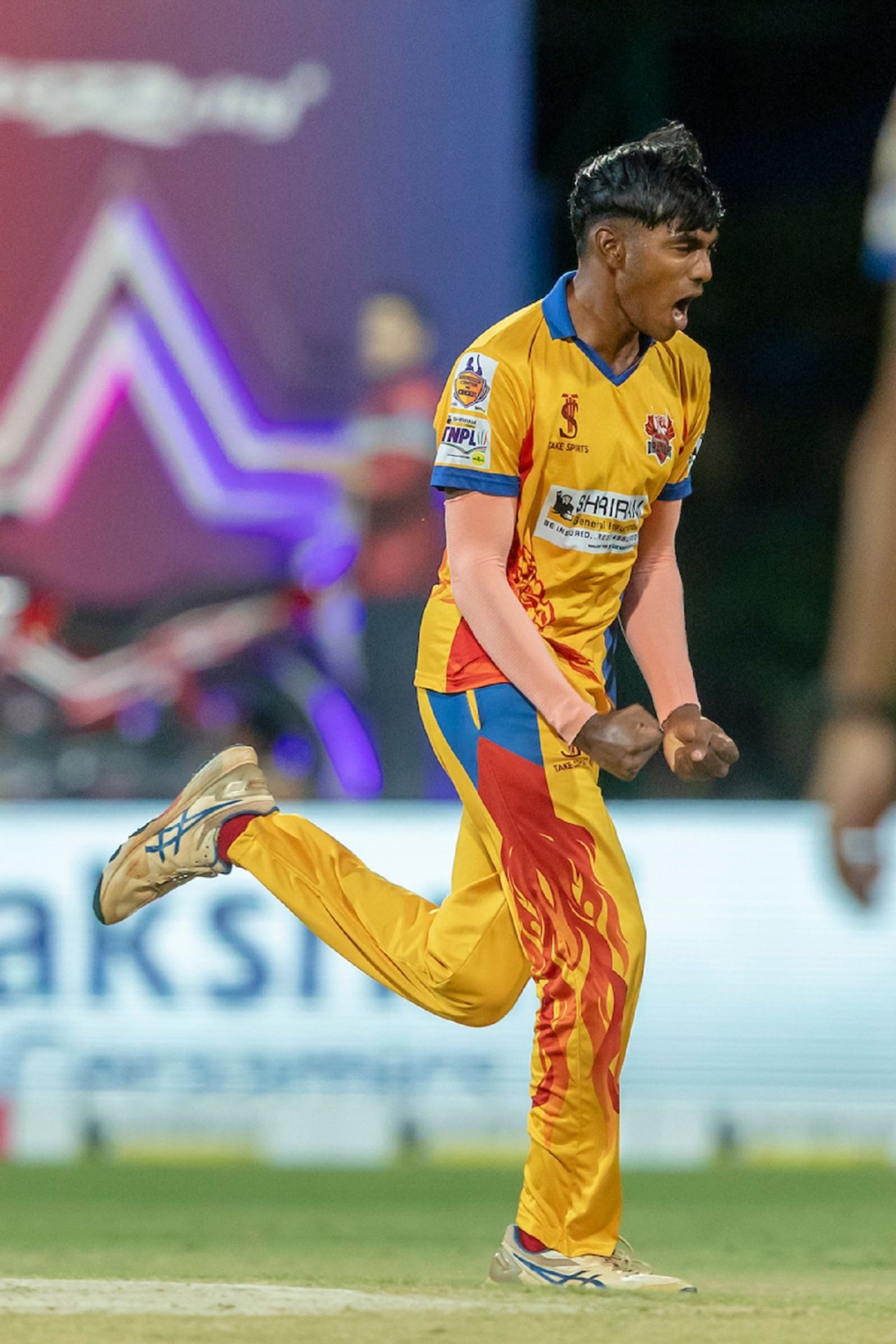 P Vignesh is overjoyed after taking a wicket, Dindigul Dragons vs Chepauk Super Gillies, TNPL 2024 Eliminator, Dindigul, July 31, 2024